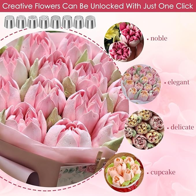 Russian Piping Tips Set, 8 Flower Patterns, Stainless Steel, Extra Large Bouquet Cream Nozzles for Cake Decorating