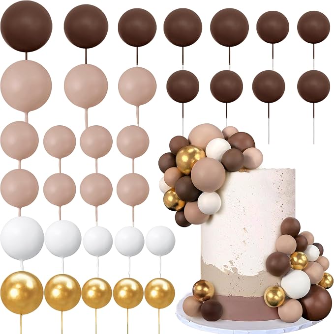 32 PCS Ball Cake Picks Colorful Ball Shaped Cake Topper Pearl Balls Cupcake Cake Insert Topper for Birthday Party Decoration Supplies Dark Brown Light Brown White Gold