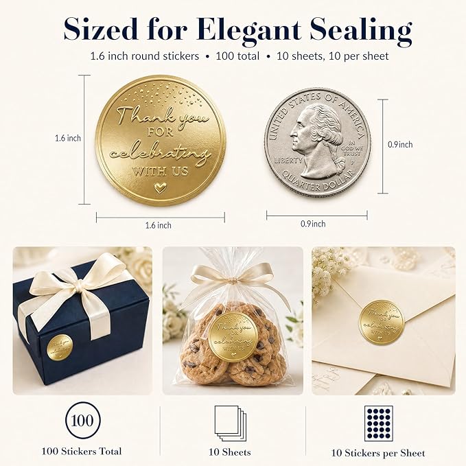 100PCS Thank You for Celebrating with Us Stickers, Embossed Matte Gold Wedding Favor Labels for Bridal Shower, Baby Shower, Engagement Party, Gift Bags & Invitations 1.6 Inch