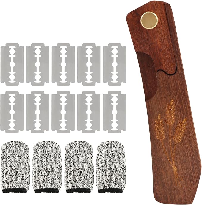 Wooden Bread Dough Scoring Lame, Upgraded Handcrafted Sourdough Bread Scoring Tool with 10 Pack Razor Blades and 4 Pcs Finger Cots, Professional Baking Accessory (Brown)