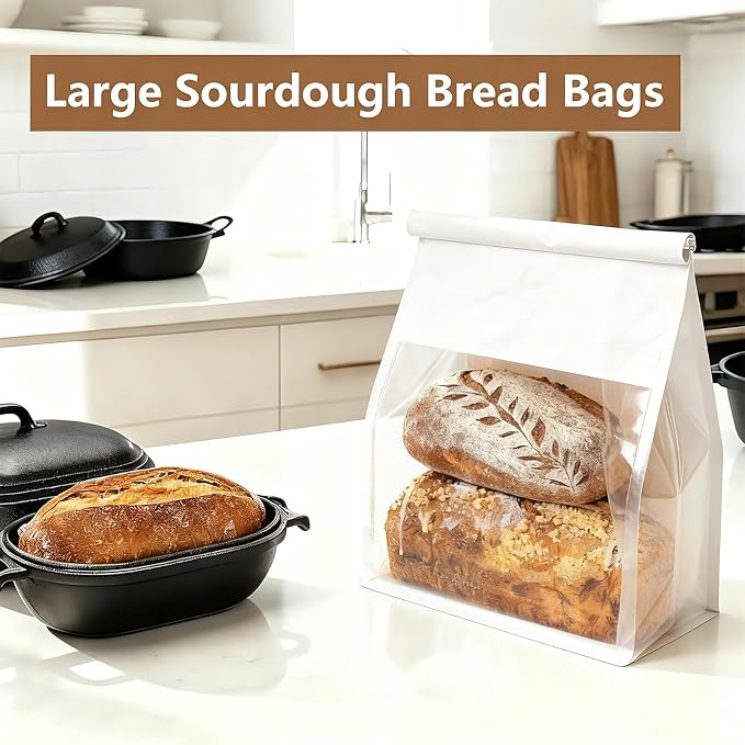 50 Pack Extra Large Paper Bread Bags for Homemade Bread Sourdough Bags, 13.7x10.6x5.5 Inches Resealable Tin Tie Tab Lock Bakery Loaf Bag with Window, Baked Goods Packaging for Gifting and Bake Sale