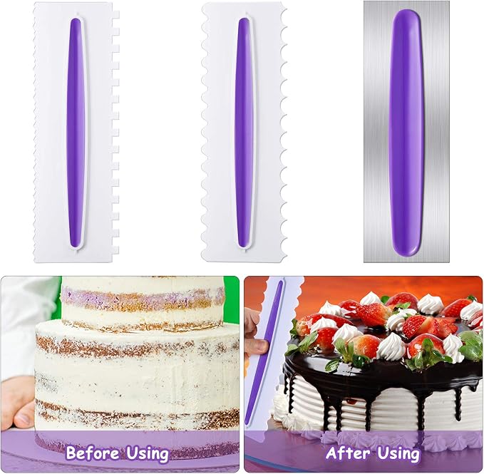 Patelai 3 Pcs Cake Scraper Cake Decorating Comb Set, Stainless Steel Icing Smoother with Plastic Edge, Cream Smoother Decorating Tools for Butter Cream Mousse 9 Inch