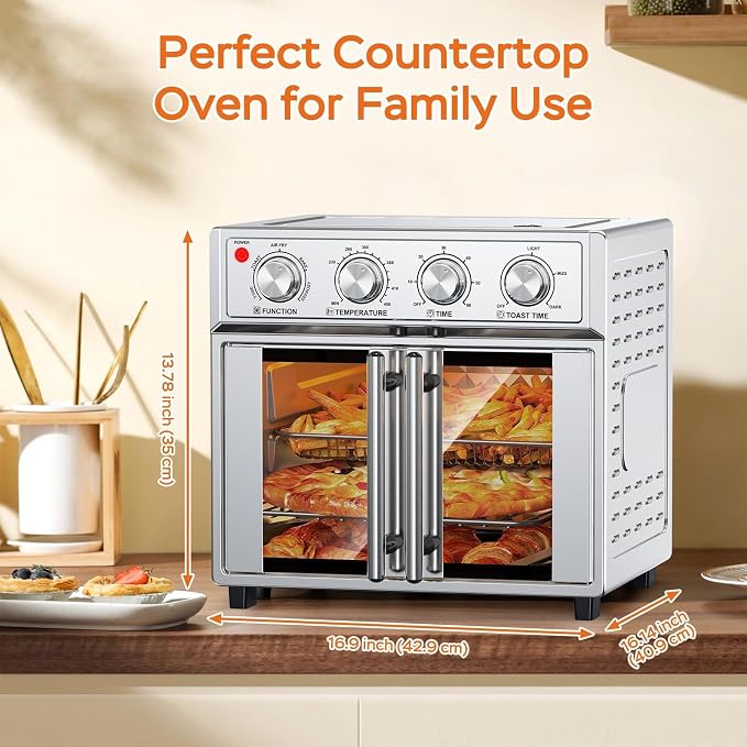 PlumChef 27.5 Qt Air Fryer Convection Toaster Oven, Stainless Steel | Extra Large, 6 Slices, French Door, 1700W, Multifunction: Air Fry, Toast, Grill, Defrost, Bake