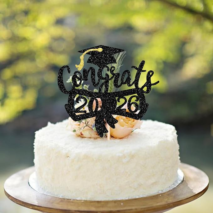 1 Pack Congrats 2026 Cake Topper Glitter Diploma Graduation Cap Cake Pick Contrats Class of 2026 Cake Decorations for 2026 Graduation Theme High School Boys Girls Graduate Party Black
