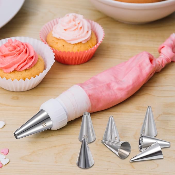 Bewudy 7 Pcs Round Hole Piping Tips Set, Stainless Steel Cupcake Frosting Nozzles Tool Professional Cake Decorating Tool for Baking Cookies Puff Doughnut Cream Bag Filler