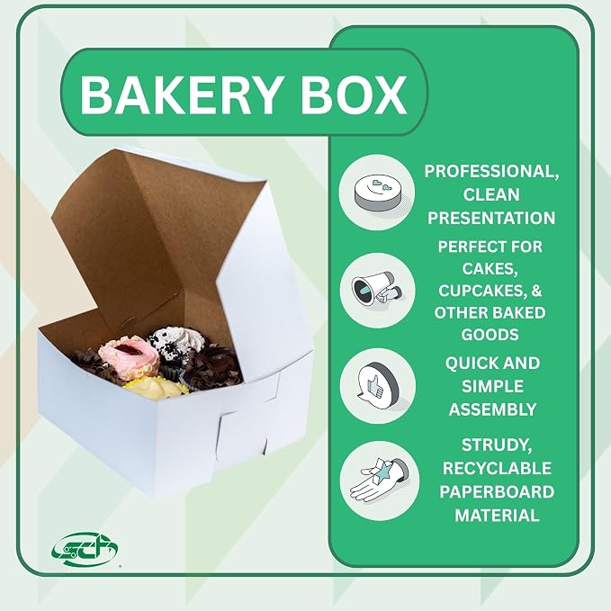 Southern Champion Tray 0941 Premium Clay-Coated Kraft Paperboard White Non-Window Lock Corner Bakery Box, 8" Length x 8" Width x 4" Height (Case of 250)