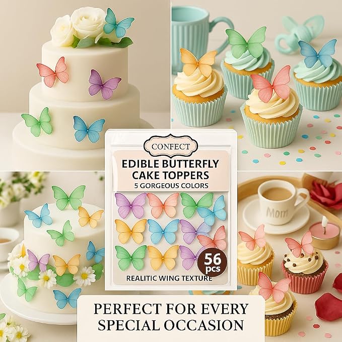 Confect Edible Wafer Paper Butterflies Set of 56 – Colorful Multi Color Butterfly Cake Decorations, Cupcake Toppers for Birthday, Wedding, Party – Edible Butterfly Toppers