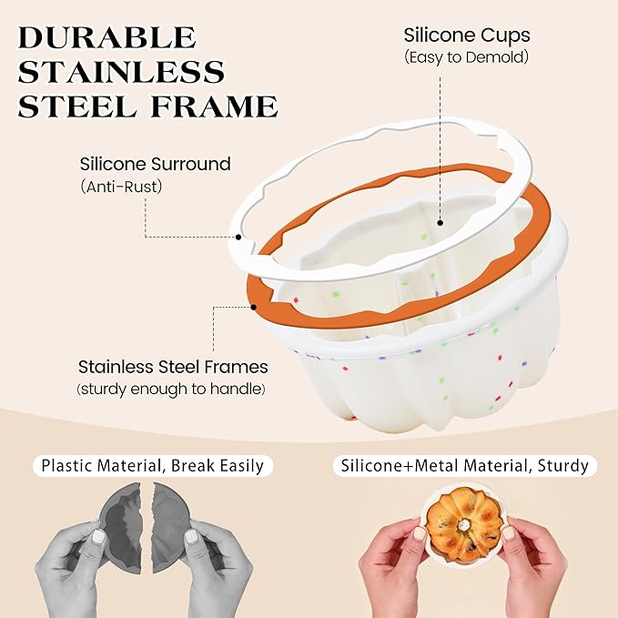 4 Inch Silicone Mini Fluted Tube Cake Pans with Metal Frame, 6 Pcs Nonstick Mini Flan Molds for Baking, BPA Free – Individual Reusable Jello Mold for Small Business or Home Baker(Cream)