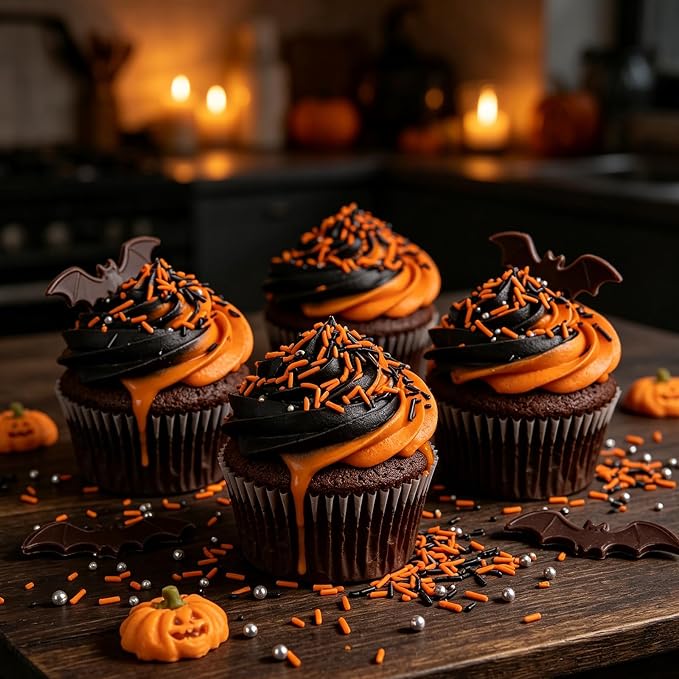 Homipooty Black and Orange Soft Jimmies Sprinkles Edible Sprinkles Sugar Candy for Cake Decorating 78g/2.75oz Cookie Cupcake Topper Ice Cream and Dessert Decorating