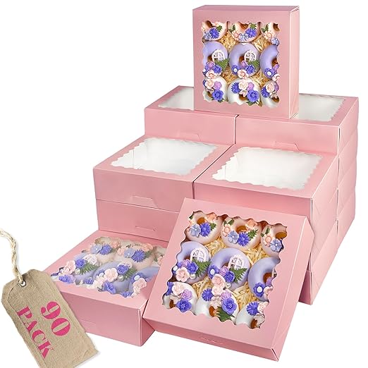 Bakepacker 90pcs Pink Pie Boxes 8x8x2.5 inches Easy Assemble Macaroon Cookie Boxes Bakery Boxes with Window for Bakery (Auto-pop Up)