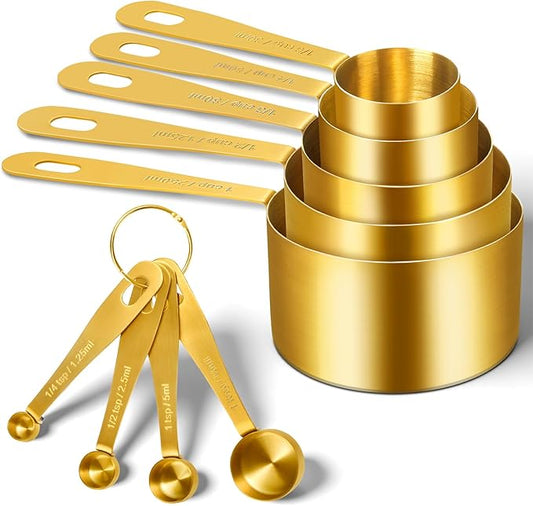 Gold Measuring Cups and Spoons, Set of 9, Including 4 Measuring Spoons, 5 Measuring Cups, Stainless Steel Kitchen Gadgets for Liquid & Dry Ingredients