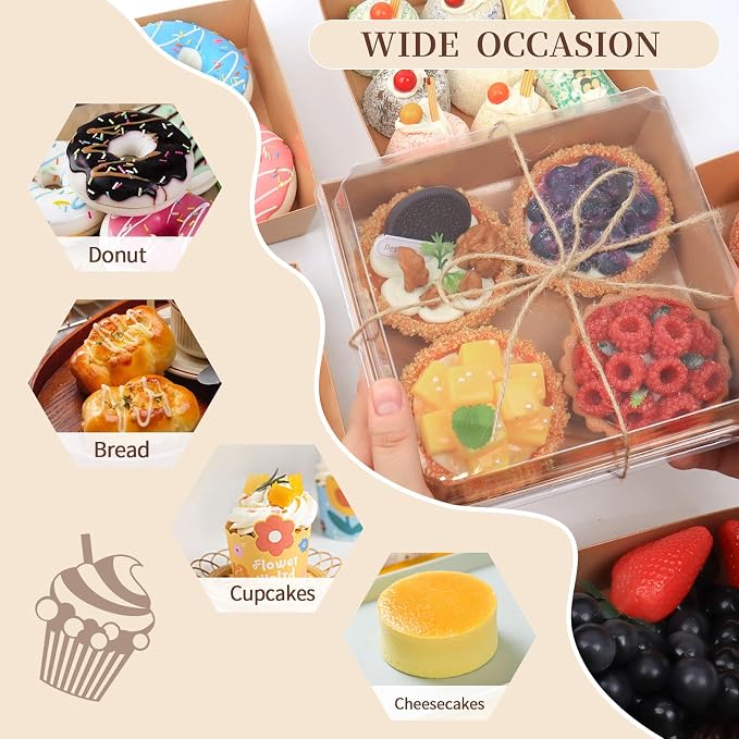 7 x 7 x 2.6 Inches Large Charcuterie Boxes with Clear Lids, 50 Pack Disposable Square Brown Bakery Boxes, To Go Paper Food Container for Cake Slices, Sandwiches, Cookies, Dessert