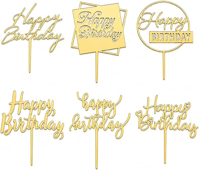 6-Pack Gold Happy Birthday Cake Toppers, 5" x 6.5" Acrylic Happy Birthday Sign for Cake Decorations