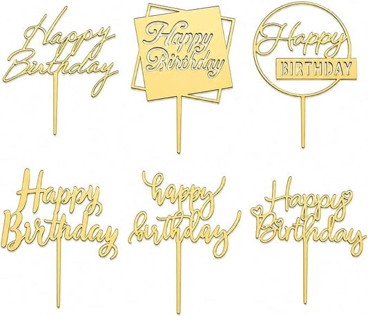 6-Pack Gold Happy Birthday Cake Toppers, 5" x 6.5" Acrylic Happy Birthday Sign for Cake Decorations