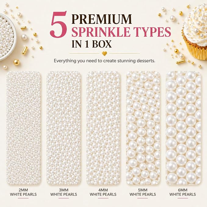 Confect White Pearl Sprinkles | Valentines Sprinkle | Edible Mix White Pearls & Dragees | Frozen Sprinkle & Disco Balls for Cakes, Cupcakes | White Princess Disco Ball Sprinkles | Vegan, Gluten-Free, Nut-Free, Soy-Free, Dairy-Free, Palm Oil-Free | Dye ...
