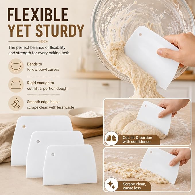 3 Piece Plastic Dough Scraper, Food Grade Trapezoidal Bread Scraper Bowl Scraper Set Multipurpose Kitchen Food Scraper for Bread Cake Fondant Icing Cream Pizza Making Size L M S