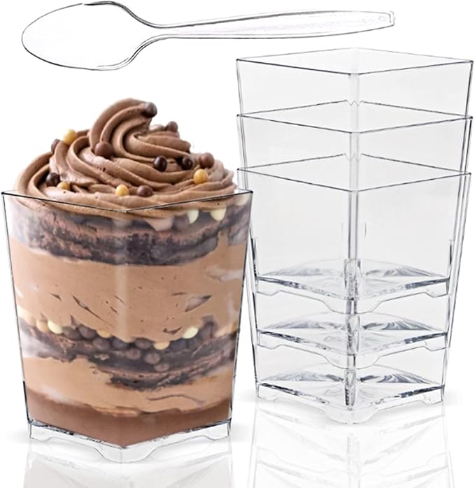Jnnzzggu 50 Pack 4 oz Square Plastic Dessert Cups with Spoons,Clear Plastic Parfait Appetizer Cup Parfait Cups for Desserts,Appetizers,Ice Cream