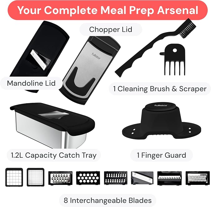 Fullstar Pro Original Vegetable Chopper & Mandoline - Chopper & Mandoline Lids - Food Chopper with Container, Fruit Slicer Onion Dicer - All-in-One Prep Tool - Kitchen Gadgets & Gifts (14 in 1, Steel)