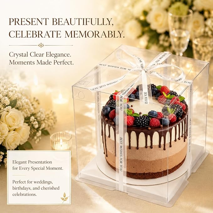 8 Pcs 10x10x12Inch Clear Cake Box with Ribbon, High Cake Box for Bakery Dessert Bread Pastry Transparent Gift Boxes for Birthdays, Weddings and Holiday Parties