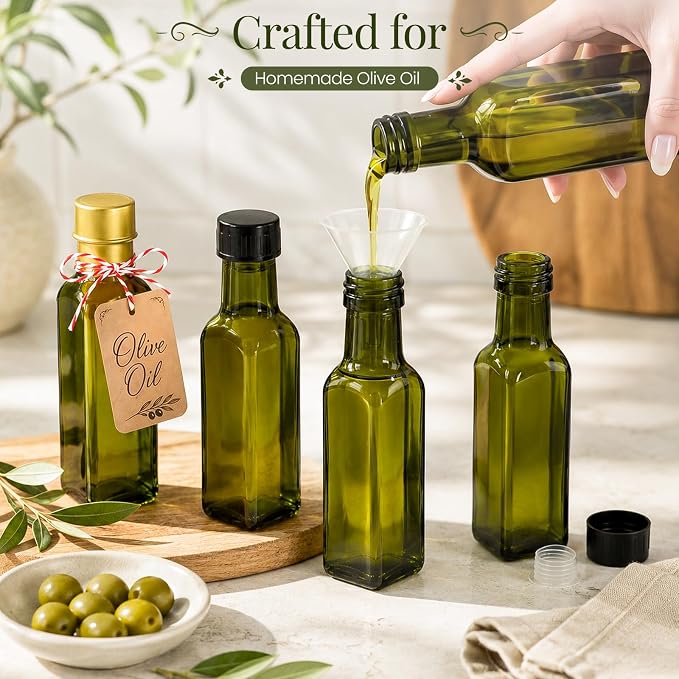 TBWIND 18 Pack 3.5oz (100ml) Olive Oil Bottles with Airtight Caps | Includes Shrink Bands, Labels & Funnels; Ideal for Vanilla Extract, Tinctures, Limoncello, Syrups & Gift Giving