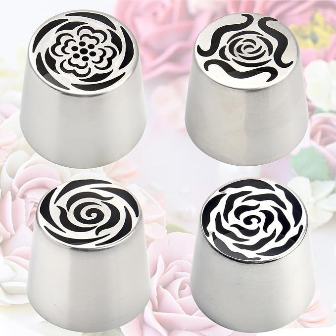 4pcs Russian Piping Tips Set Extra Large Stainless Steel Flower Icing Tips for Cake Decorating Buttercream Cupcake Cookie Decorating Supplies for Beginners Bakers