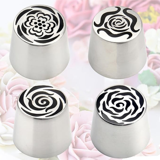 4pcs Russian Piping Tips Set Extra Large Stainless Steel Flower Icing Tips for Cake Decorating Buttercream Cupcake Cookie Decorating Supplies for Beginners Bakers