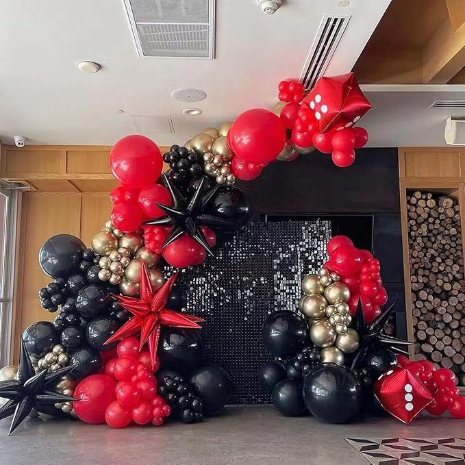 Red and Black Gold Balloon Arch Kit, 140Pcs Explosion Star Black and Red Metallic Gold Balloons 22 18 12 10 5 Inch Different Size Balloons for Birthday Casino Night Movie Night Decorations