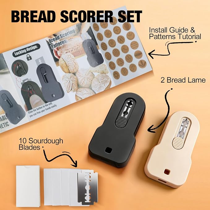 PinCute Extractable Bread Lame Sourdough Scoring Tool, 2PCS Upgraded Bread Scoring Tool Fingertip Bread Sourdough Scorer Knife Cutter for Bread Baking Includes 10 Razor Blade & Patterns Booklet