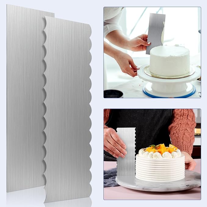 2 Pack Stainless Steel Cake Scraper, 8.6-inch Double Sided Patterned Edge Stripe Edge Smoother Scraper Cake Decorating Tools, Metal Cake Carving Smoothing Cream Pastry Baking