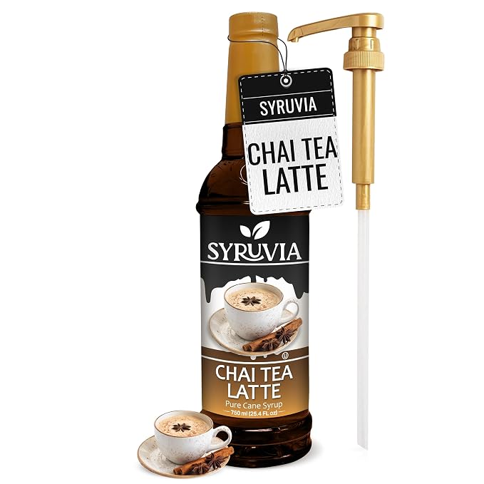 Syruvia Chai Tea Latte Syrup, Flavored Syrup for Lattes, Drinks, Cappuccinos, Iced Coffees, Espresso Drinks – 25.4 fl oz - with Pump