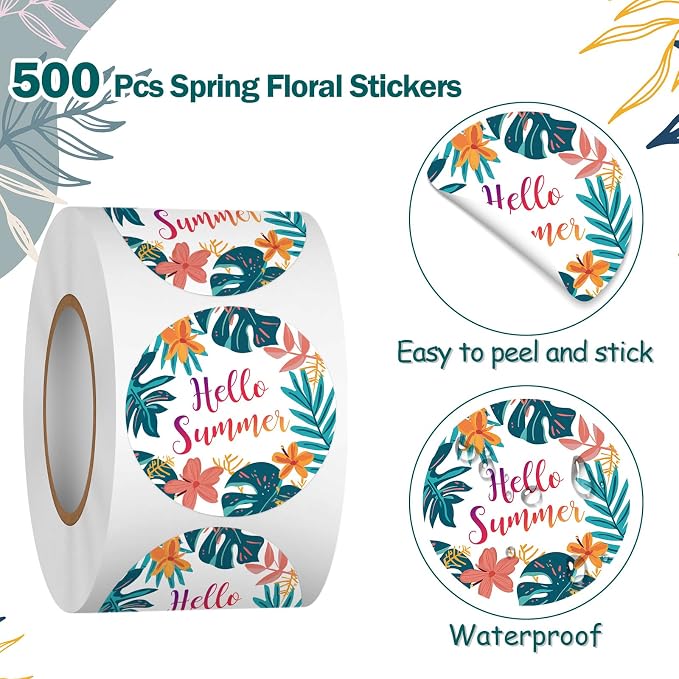 Louise Maelys 500 Pcs Flower Hello Summer Stickers Roll for Kids and Adult 1.5 Inch Adhesive Decoration Round Labels for Baking Card Gift Wrapping Envelope Craft Making