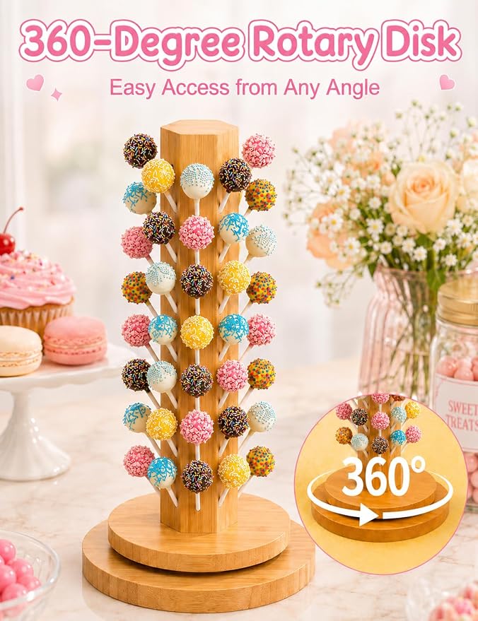 Wood Cake Pop Stand 36 Holes with Spinning Base,Cake Pop Holder Stand for Dessert Table,Lollipop Holder Candy Table Display with Treat Bags,Lollipop Sticks & Gold Twist Ties, Dessert Stand for Wedding Birthday Baby Shower Parties Anniversaries (kit)