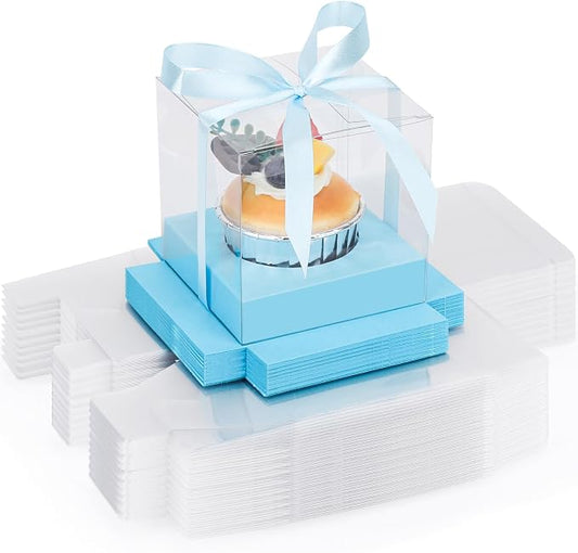 EUSOAR Individual Cupcake Boxes, 50 Packs 3.5 Inch Muffins Gift Wrappers Cake Containers with Inserts and Ribbon, Dessert Pastry Holder Disposable Cookies Carrier for Wedding Party Favor Bakery-Blue