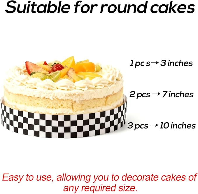 3pcs Edible Cake Borders, 28x6.2cm/11x2.44 Inch Black and White Checkered Birthday Cake Wrap Border Strips Pre-Cut Rice Image Paper Cakes Toppers Decorations for Racing Car Theme Birthday Party