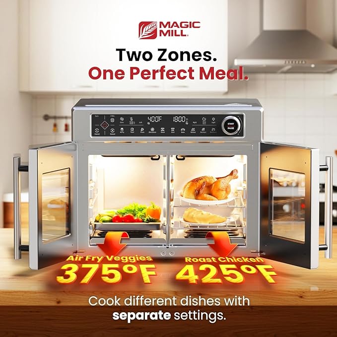 Magic Mill Ultra-Premium Air Fryer Toaster Oven Combo With Independent Dual-Zone Technology, Extra Large 32QT French Door Stainless Steel Convection Oven, Next-Gen Patent Technology, 13 accessories