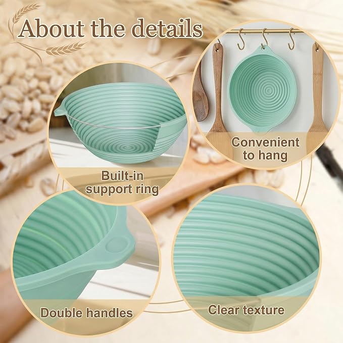 4-Pack Silicone Banneton Bread Proofing Baskets, 9.3-Inch Round Foldable Dough Bowls with Reinforced Rim, Oven & Dishwasher Safe, BPA-Free (Green, Blue, Pink, Beige)