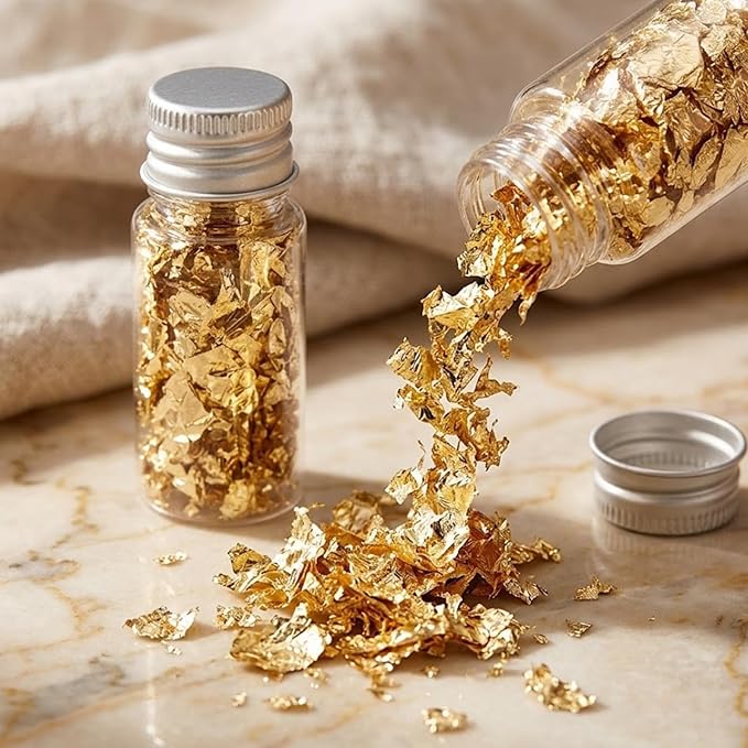 Lwuey Gold Leaf Flakes for Cake ＆ Drinks Decoration, 2PCS | Use for Cakes, Cupcakes, Chocolates, Desserts, Drinks, Cooking Decor, Birthday Party and Makeup Looks