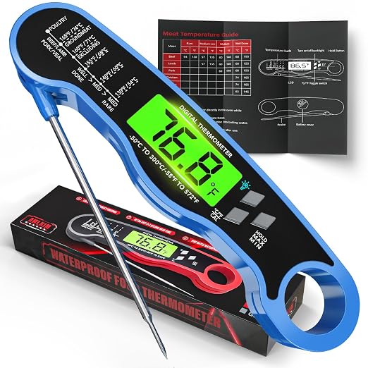 AWLKIM Digital Meat Thermometer, Instant Read Thermometer, Blue | Grill, BBQ, candy and baking thermometer with backlit display, foldable probe and magnetic storage.