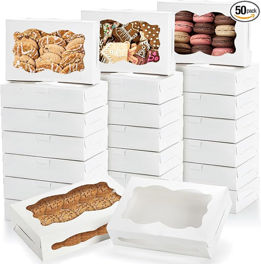 Hiceeden 50 Pack White Cookie Boxes with Window, 8"×5.4"×2" Bakery Candy Box for Gift Giving, Treat Dessert Boxes for Pastry Donuts Candy Biscuit Macaron Chocolate Strawberry