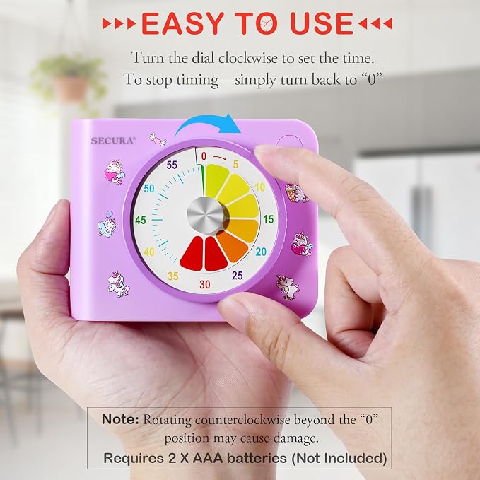 Secura Rainbow Visual Timer for Kids, 60-Minute Countdown Timer | ADHD Timer for Time Management, No Ticking for Focus, Mute & Beep Alert, Pause function, Magnetic Backing, Stand (Purple)