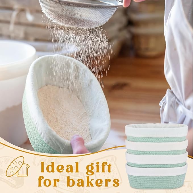 4 Pcs 10 Inch Bread Proofing Basket Set Cotton Rope Oval Banneton Basket Sourdough Bread with Liners Covers for Baking Supplies (Green)