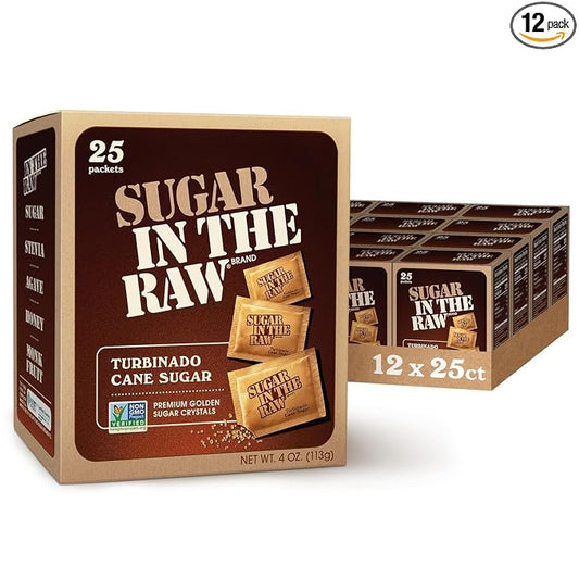 Sugar In The Raw Turbinado Cane Sugar Packets, 25 Ct Box, 12 Pack, Pure, All-Natural Turbinado Sugar, Non-GMO Project Verified, Kosher, Vegan and Gluten Free
