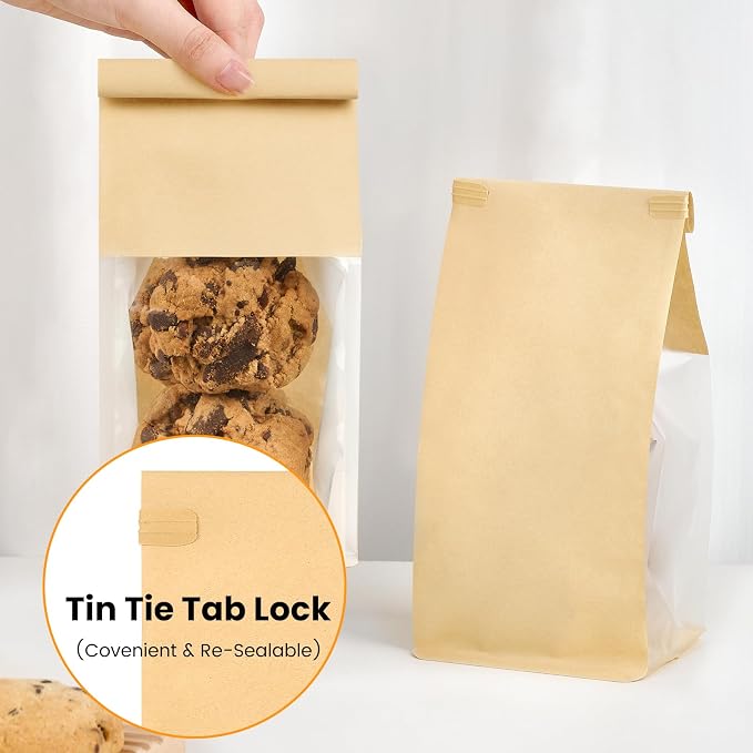 Ocmoiy 50 Pack Small Cookie Bags with Window, 3.9x3.5x9.5 Inches Tin Tie Tab Lock Bakery Packaging Bag, Resealable Paper Pastry Bags for Homemade Granola, Popcorn, Candies, Treat