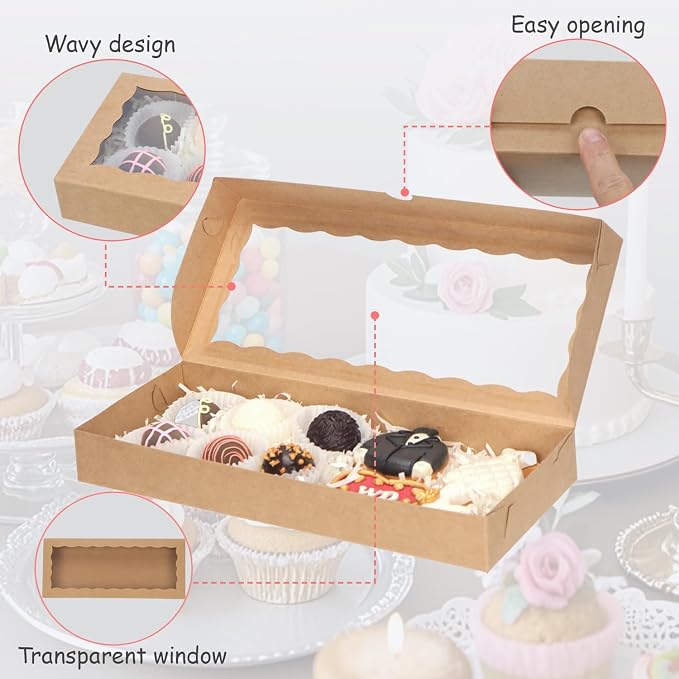 15pcs 12x5x1.5 Inch Borwn Cookies Boxes with Window Bakery Boxes Macaron Boxes Cakesickle Boxes Chocolate Truffle Boxes Donut Treat Boxes for Christmas Valentine's Easter Mother's Day