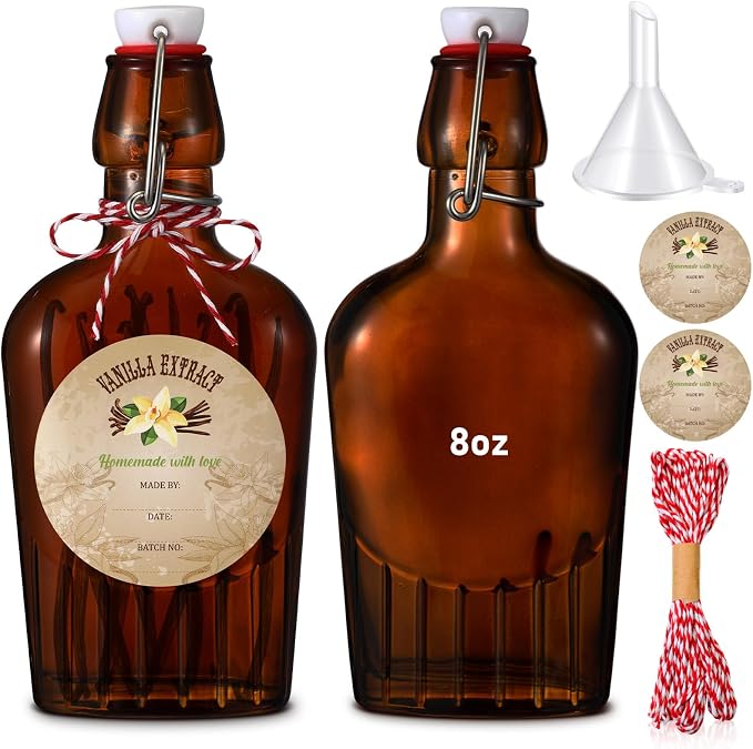 Uiifan 2 Pack 8 oz Vanilla Extract Bottles with Swing Top Flask Whiskey Pocket Amber Glass Flask for Homemade Vanilla Extract Lemon Kombucha Water Apply Christmas Wedding Gift (Amber)