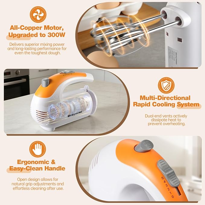 Electric Hand Mixer 300W, 5-Speed Handheld Kitchen Mixer with 304 Stainless Steel Beaters, Dough Hooks & Whisk – Ideal for Baking, Whipping Eggs & Cookie Dough