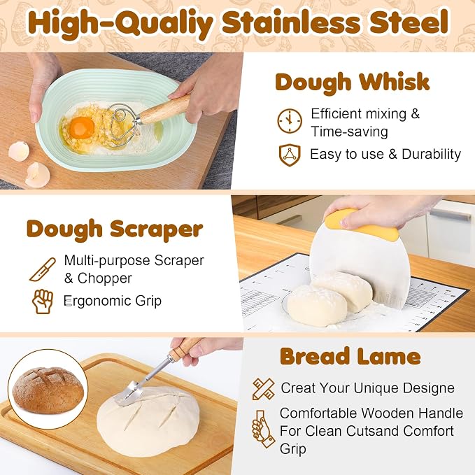HK Sourdough Starter Kit with 9" Round & 10" Oval Banneton Proofing Basket and 34oz Starter Jar - Beginner-Friendly Sourdough Bread Baking Supplies and Baking Gifts for Women, Men, and Bread Bakers