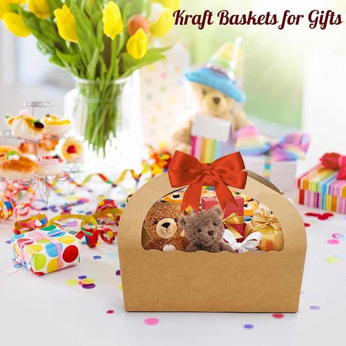 ELFULLY 50 Pack Paper Baskets for Gifts, 8.6" Kraft Basket with Handle Bulk, Empty Cookies Boxes for Desserts Snacks Donuts Pastries, Gifting Baskets for Party Wedding Anniversary Business DIY, Brown