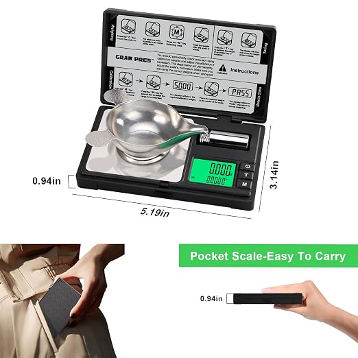 GRAM PRES High Precision Milligram Scale,50g/0.001g Digital Mini Pocket Gram Scale,Mg Scale for Weighing Powders,Jewelry, Medicine, Gem, Reloading, with Cal Weight, Tweezer ，Tray and Scoop