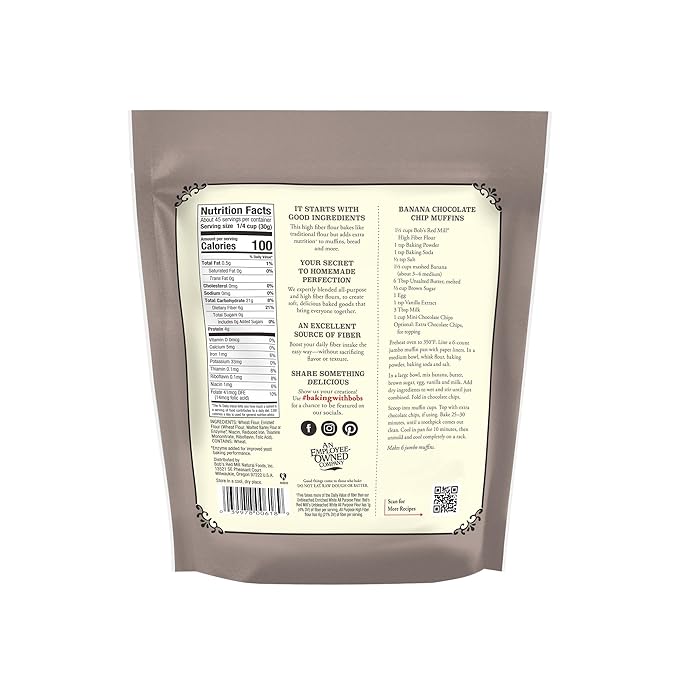 Bob’s Red Mill All Purpose High Fiber Flour - 3 lb Bag, 1-to-1 Baking Substitute, Excellent Source of Fiber, Non-GMO, Kosher